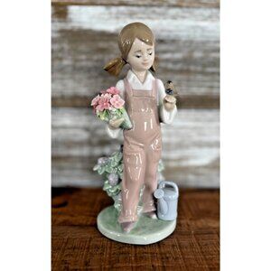 Vintage Lladro Spring Girl Flowers & Bird #5217 Glossy Porcelain Figurine 7"